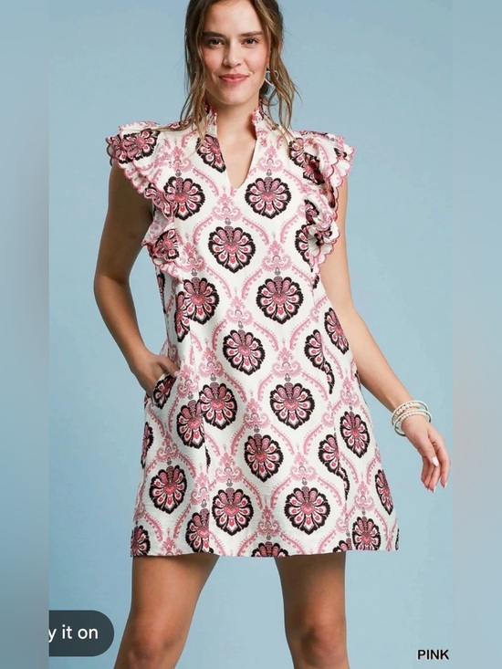 Umgee Dresses & Skirts - Umgee Floral Ruffle Fully Lined Shift Dress w/ Ruffle Shoulders, Size M, EUC